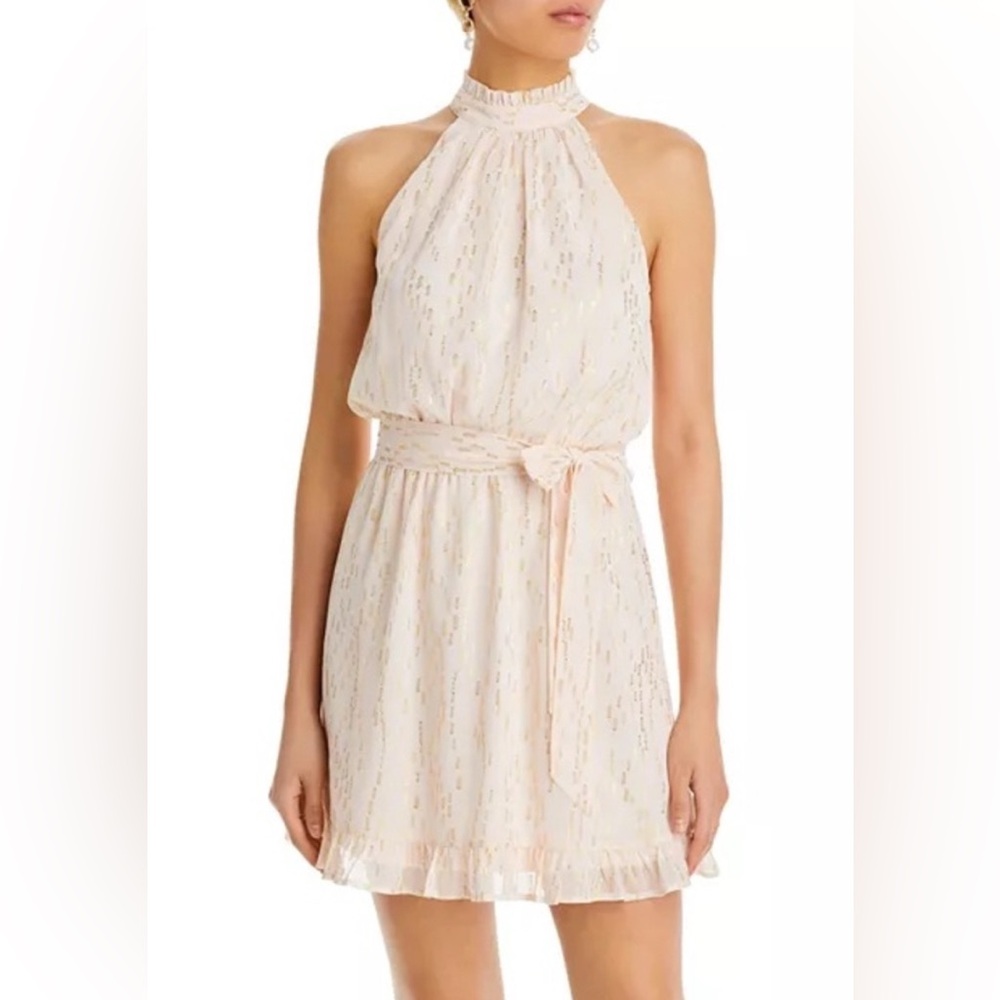 Aqua Halter Belted Mini Dress Ruffle Neck Sleeveless Lined Pink Gold XL NWT